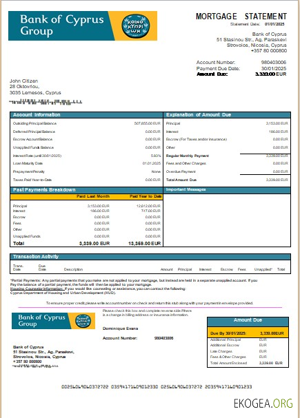 Chypre Banque de Chypre relevé d'hypothèque bancaire scr